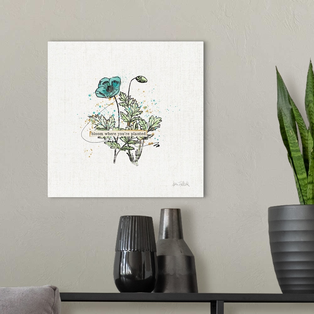 A modern room featuring Decorative artwork featuring a teal illustrated flower against a white textured background with t...