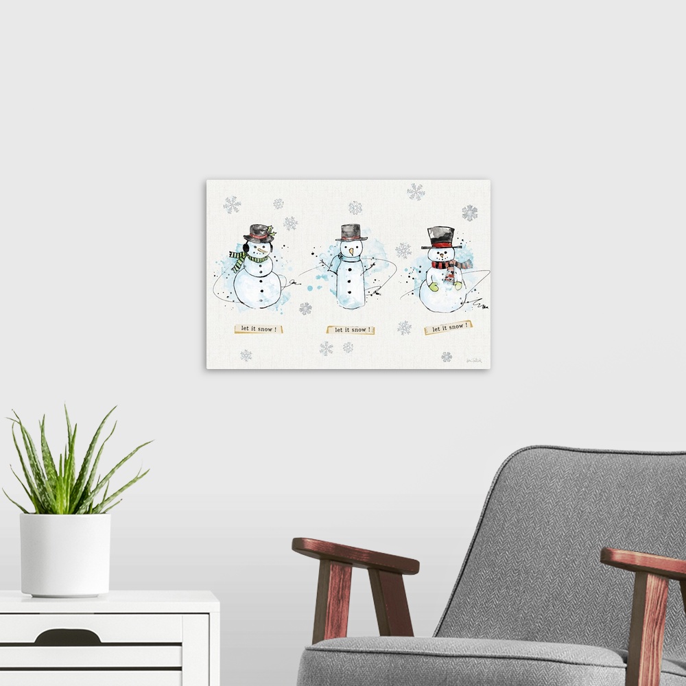 A modern room featuring Decorative artwork of snowmen with the text "let it snow! let it snow! let it snow!" and a neutra...