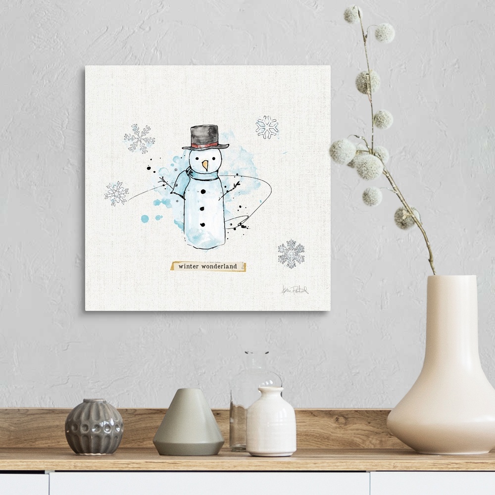 A farmhouse room featuring Decorative artwork of a snowman with the text "winter wonderland" and a neutral linen textured ba...