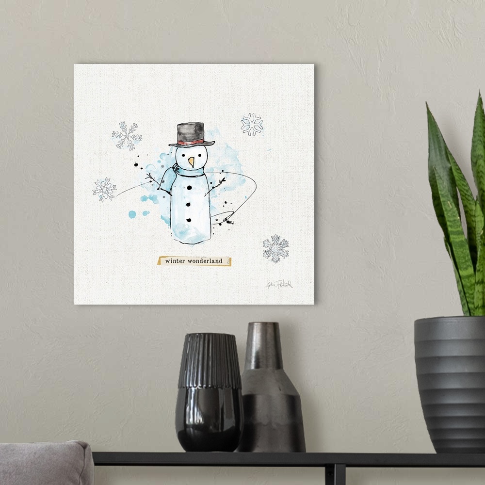 A modern room featuring Decorative artwork of a snowman with the text "winter wonderland" and a neutral linen textured ba...