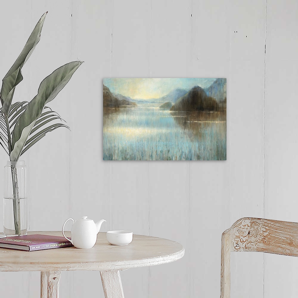 A farmhouse room featuring Large abstract painting of a misty lake landscape with large rocks.