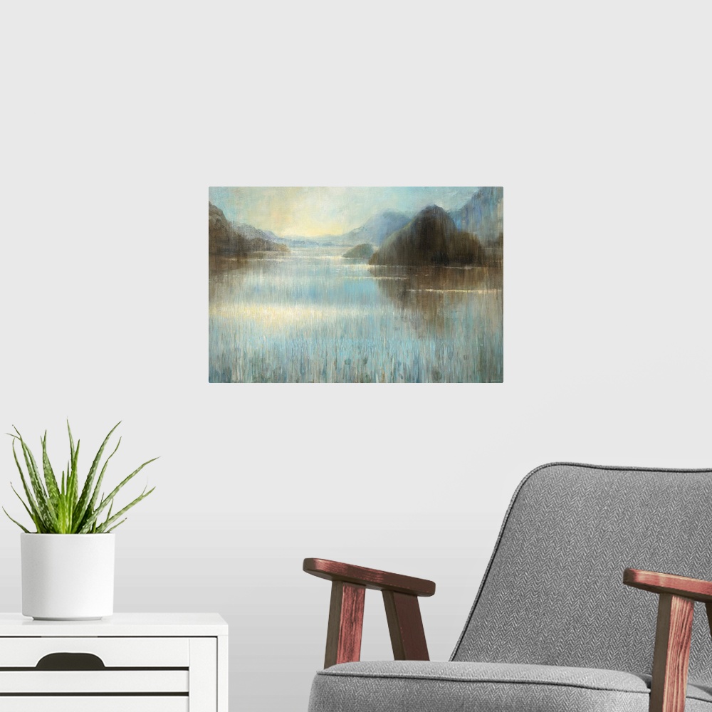 A modern room featuring Large abstract painting of a misty lake landscape with large rocks.