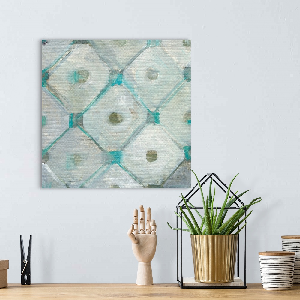 A bohemian room featuring Square abstract painting of a tiled design made up of squares and circles with gray and teal hues.
