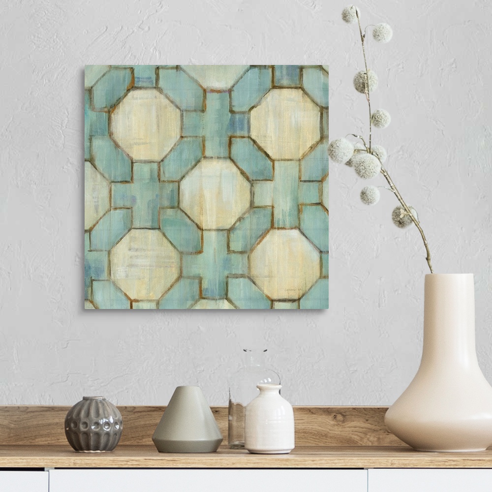 A farmhouse room featuring Square abstract painting of a tiled design made up of hexagons and crosses with beige and teal hues.