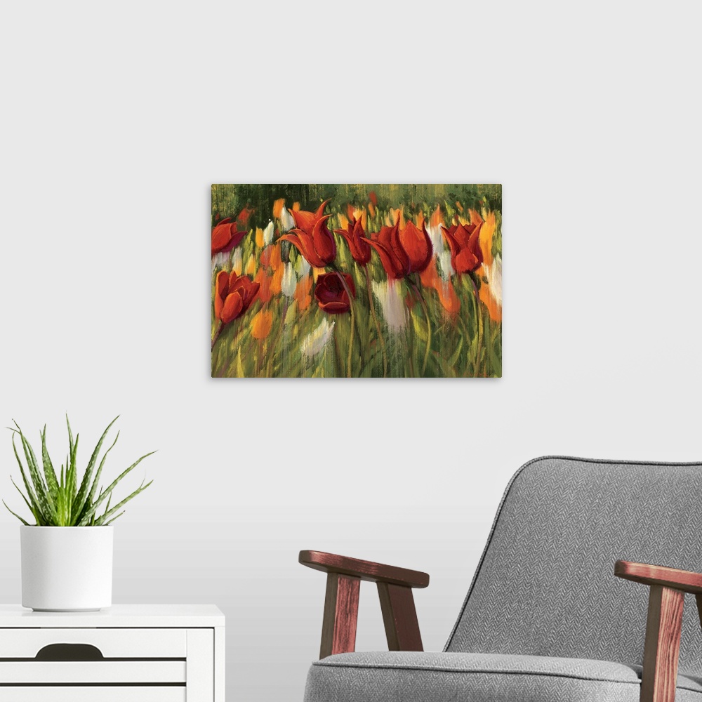 A modern room featuring Realistically painted flowers crowd the canvas in this contemporary, horizontal painting.