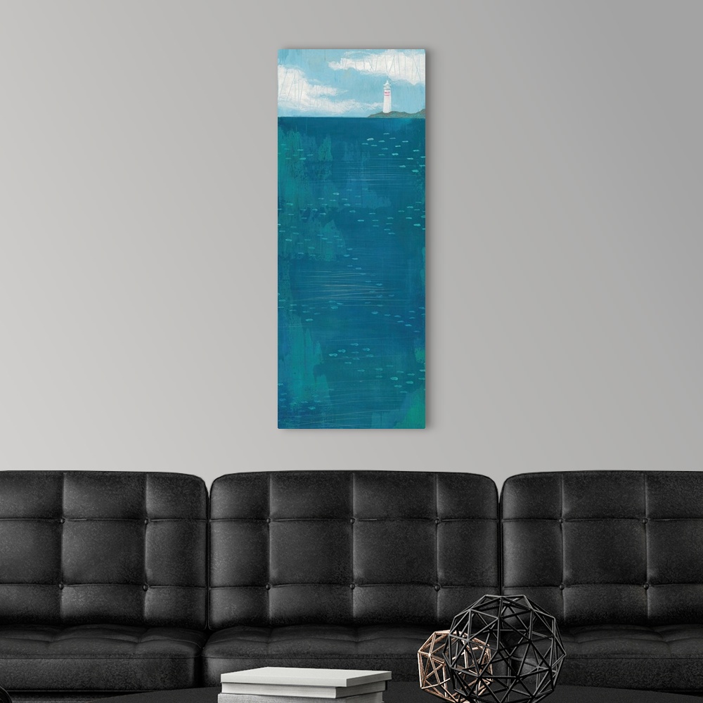 A modern room featuring Contemporary artwork of a lighthouse seen in the distance across a dark blue sea.