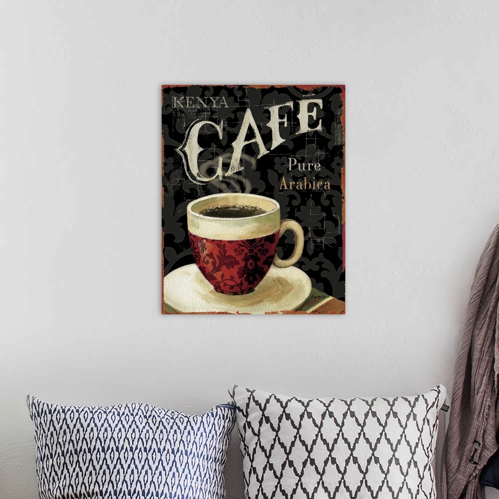 A bohemian room featuring Docor perfect for the kitchen of a large cup of coffee with an antiqued background and the word "...