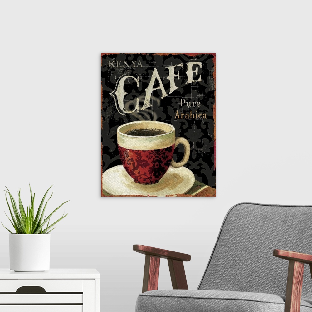 A modern room featuring Docor perfect for the kitchen of a large cup of coffee with an antiqued background and the word "...