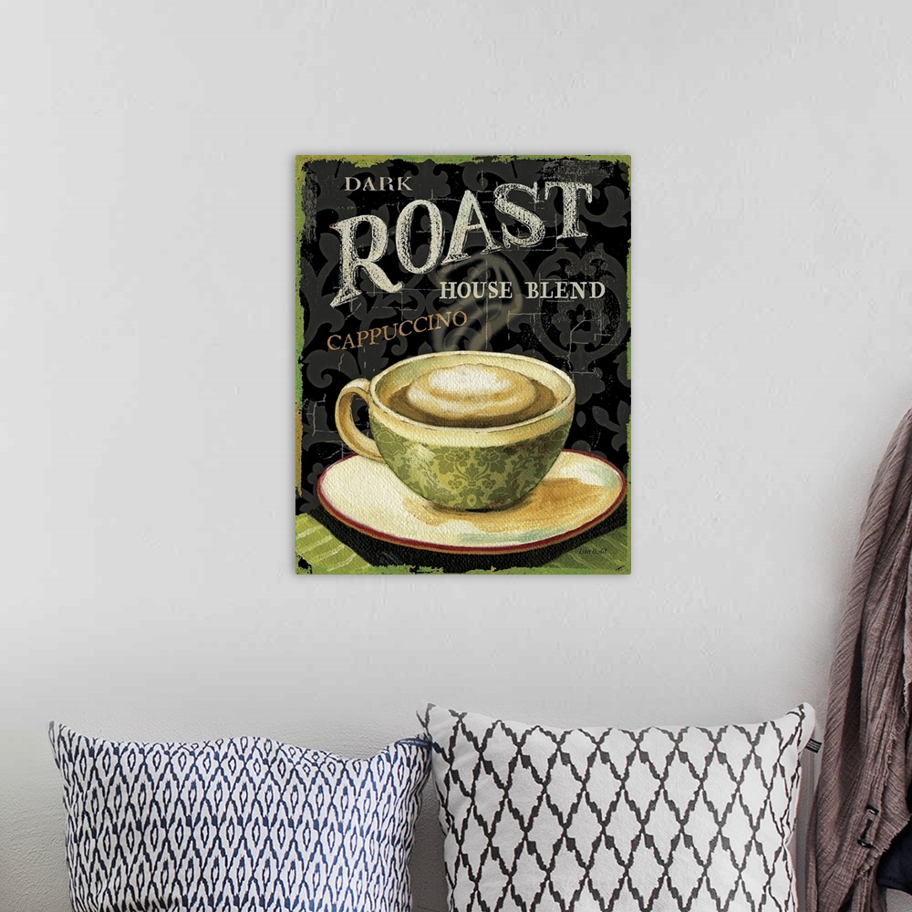 A bohemian room featuring Big painting on canvas of a cappuccino with text at the top.