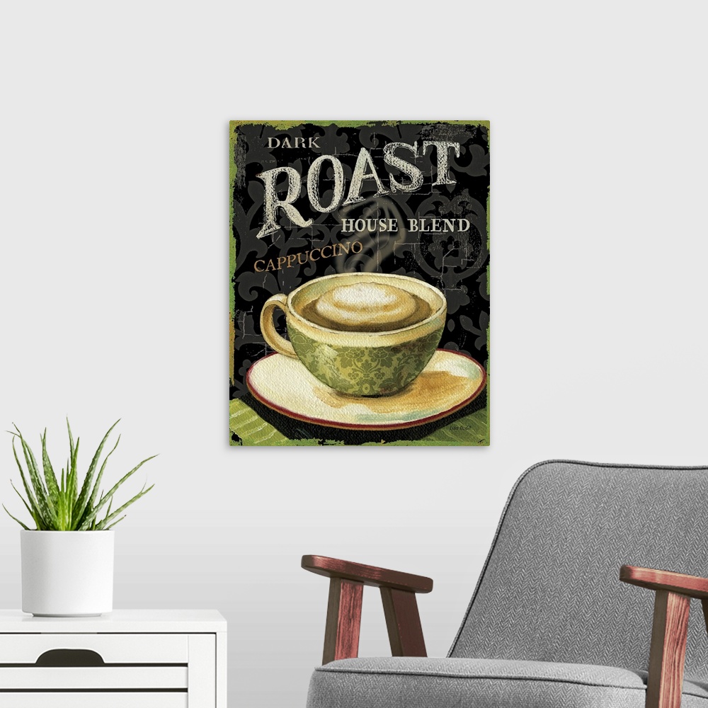 A modern room featuring Big painting on canvas of a cappuccino with text at the top.