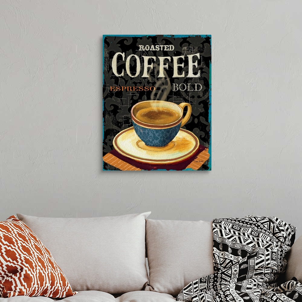 A bohemian room featuring Large vertical artwork a steaming cup of coffee on a saucer, on a crackling background with scrol...