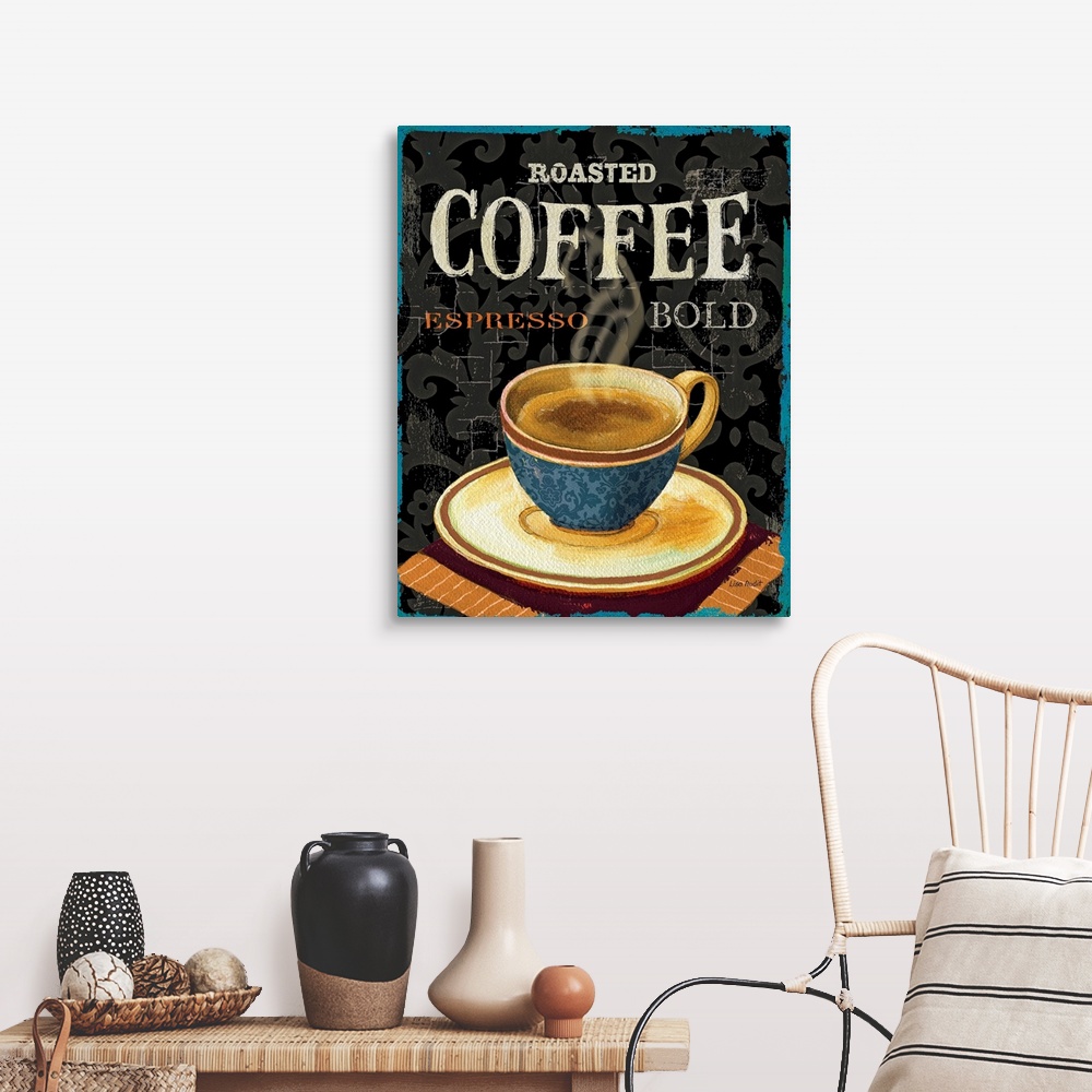 A farmhouse room featuring Large vertical artwork a steaming cup of coffee on a saucer, on a crackling background with scrol...