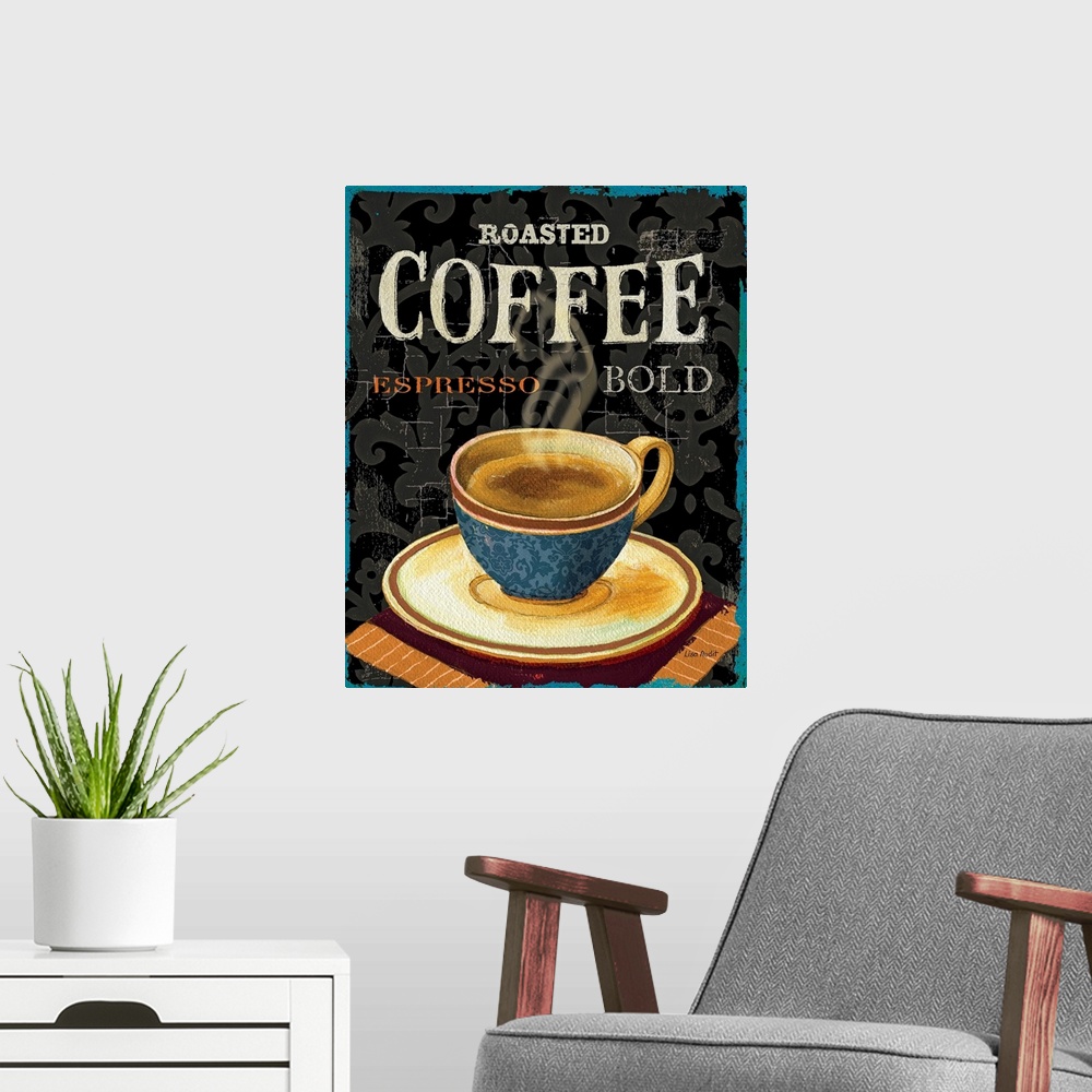 A modern room featuring Large vertical artwork a steaming cup of coffee on a saucer, on a crackling background with scrol...