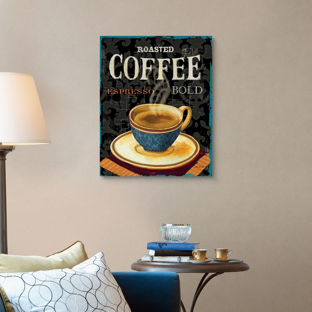 A traditional room featuring Large vertical artwork a steaming cup of coffee on a saucer, on a crackling background with scrol...