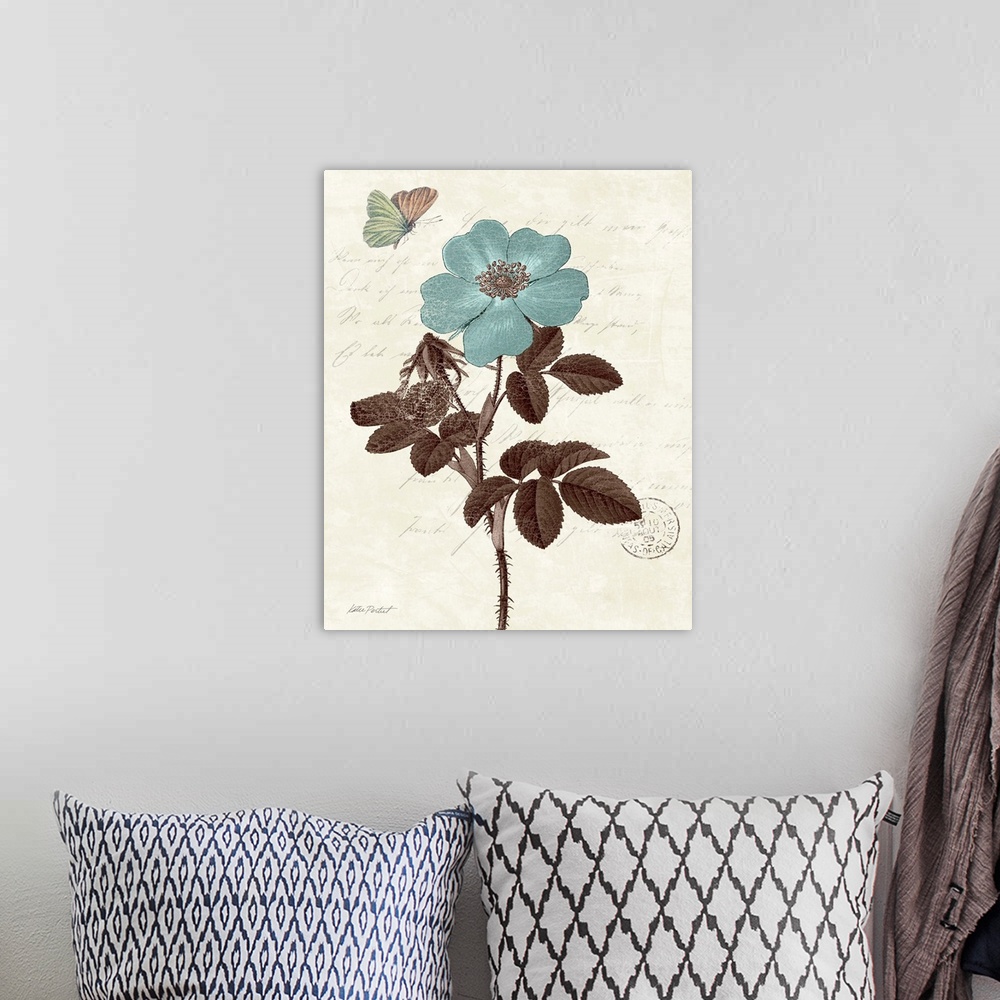 A bohemian room featuring Contemporary artwork of a blue flower against a rustic background with text.