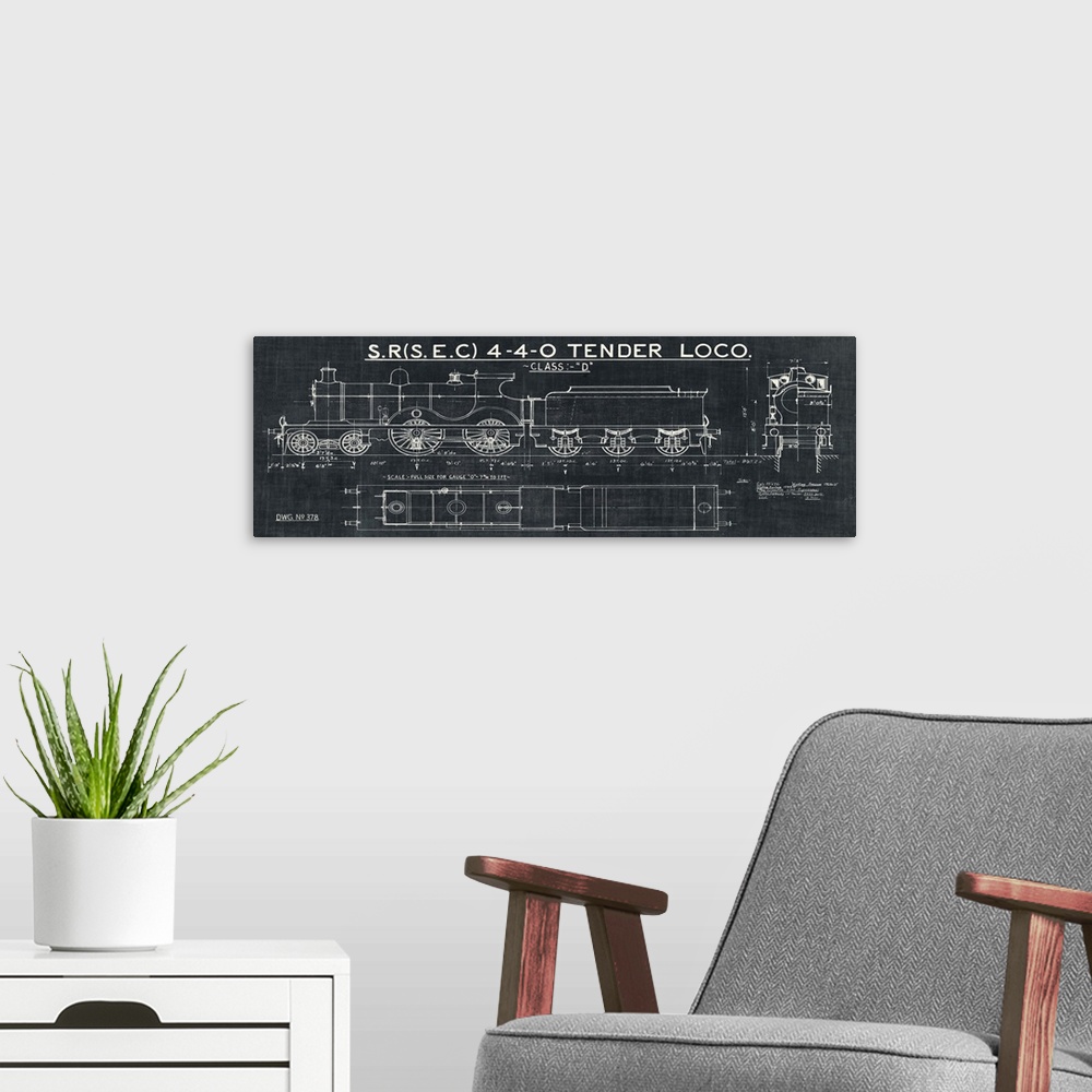 A modern room featuring Vintage stylized blueprint of a train displaying top side and front view.
