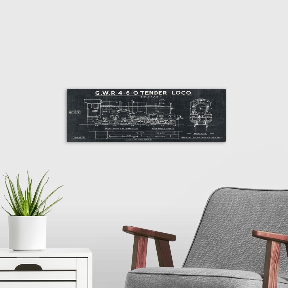 A modern room featuring Vintage stylized blueprint of a train displaying side and front view.