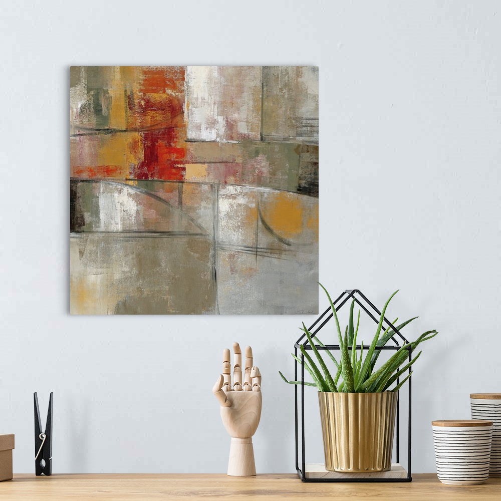 A bohemian room featuring This square wall art is made with a variety of straight and round shapes creating an abstract pai...