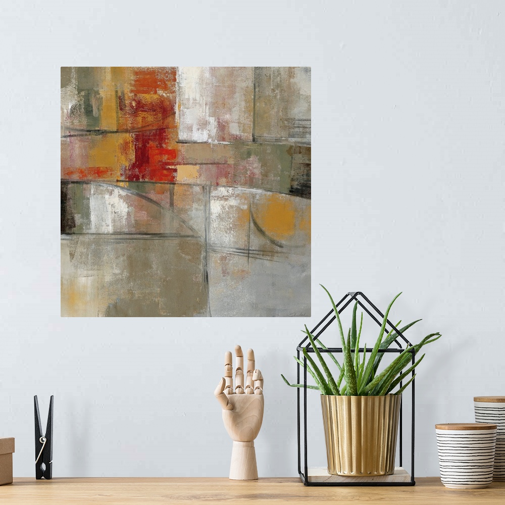 A bohemian room featuring This square wall art is made with a variety of straight and round shapes creating an abstract pai...