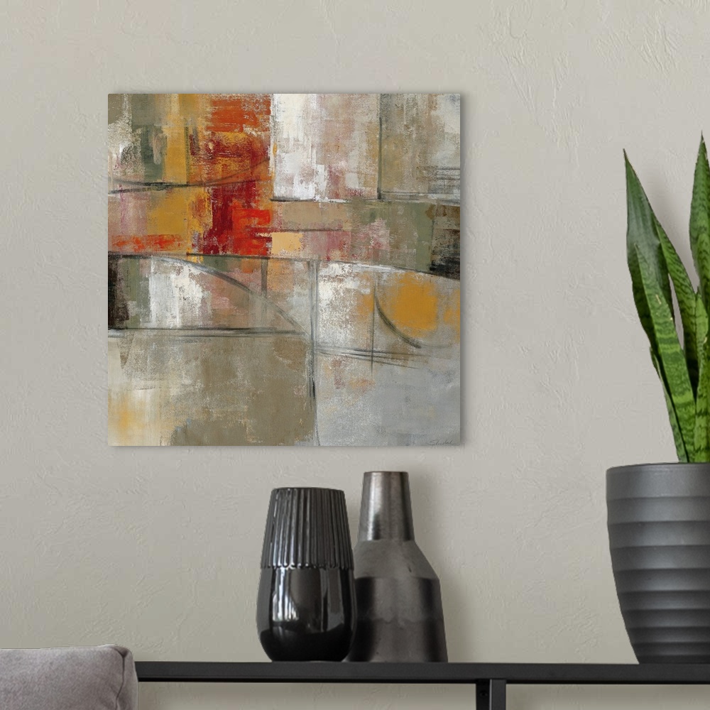 A modern room featuring This square wall art is made with a variety of straight and round shapes creating an abstract pai...