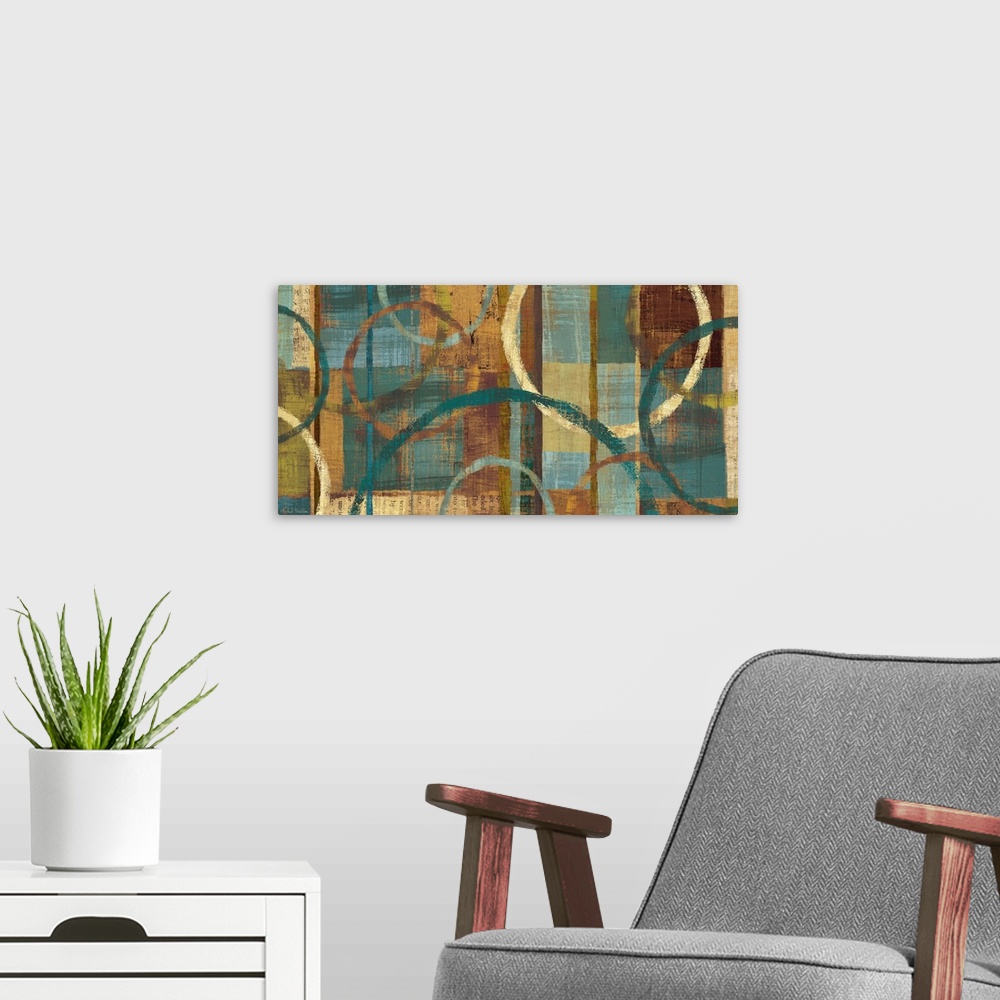 A modern room featuring Wide abstract oversized art painting of circles on a grid of paint squares.