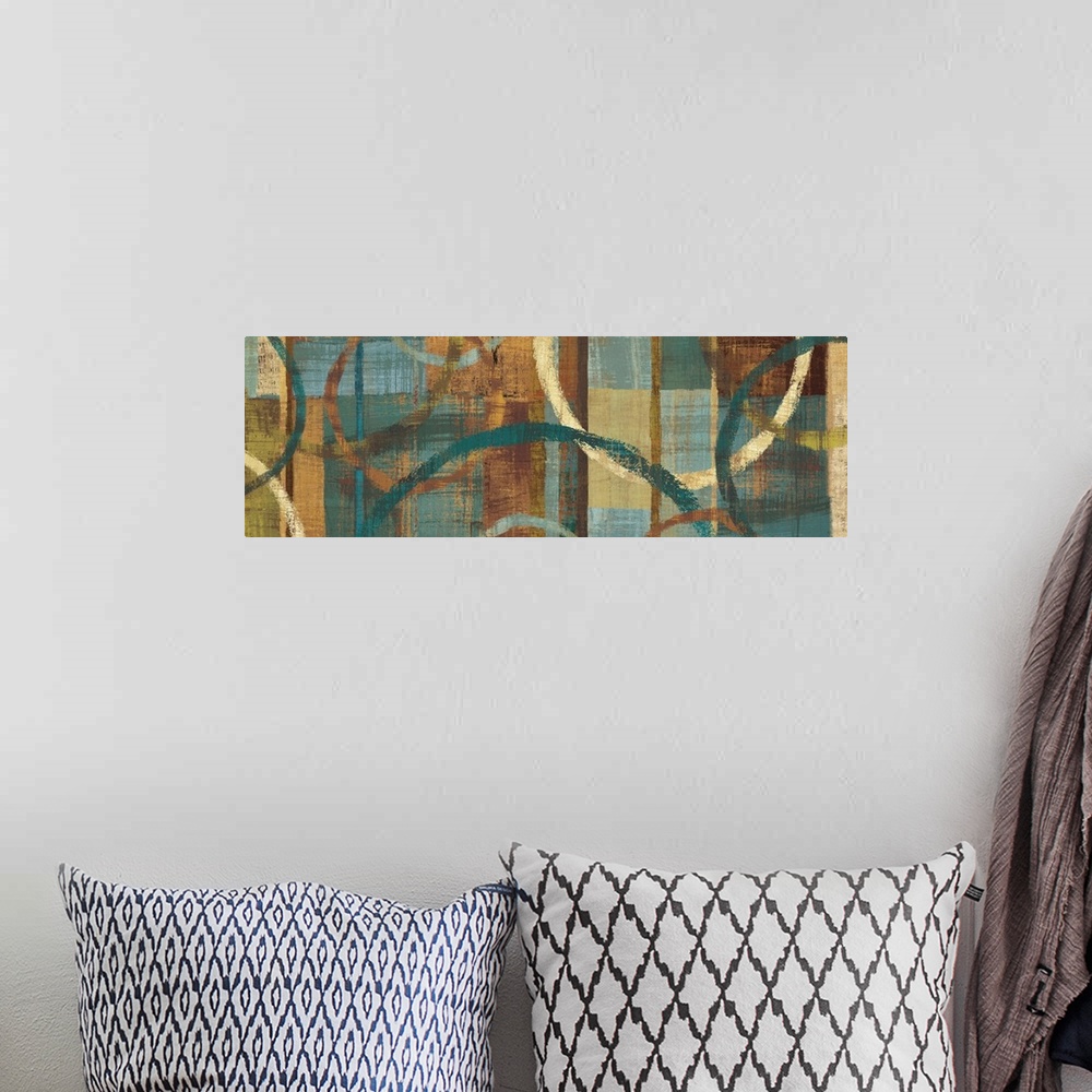 A bohemian room featuring Abstract painting with circles of different sizes against a background of warm and cool toned ver...