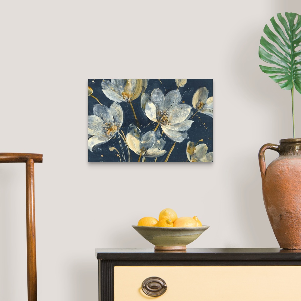 A traditional room featuring Large abstract painting of white and gold flowers on a dark blue background.