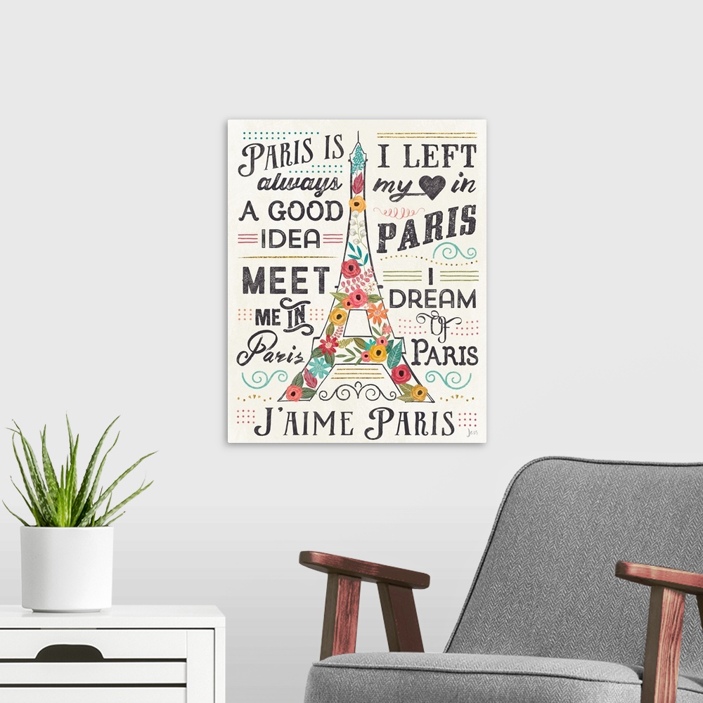 A modern room featuring Floral Eiffel Tower illustration with Paris typography surrounding it.