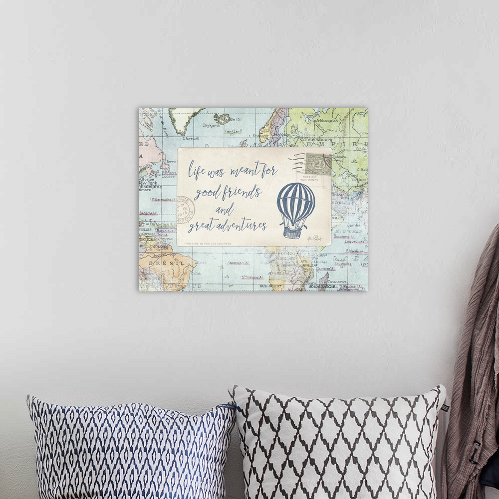 A bohemian room featuring "Life Was Meant for Good Friends and Great Adventures" with a hot air balloon drawn in blue on a ...