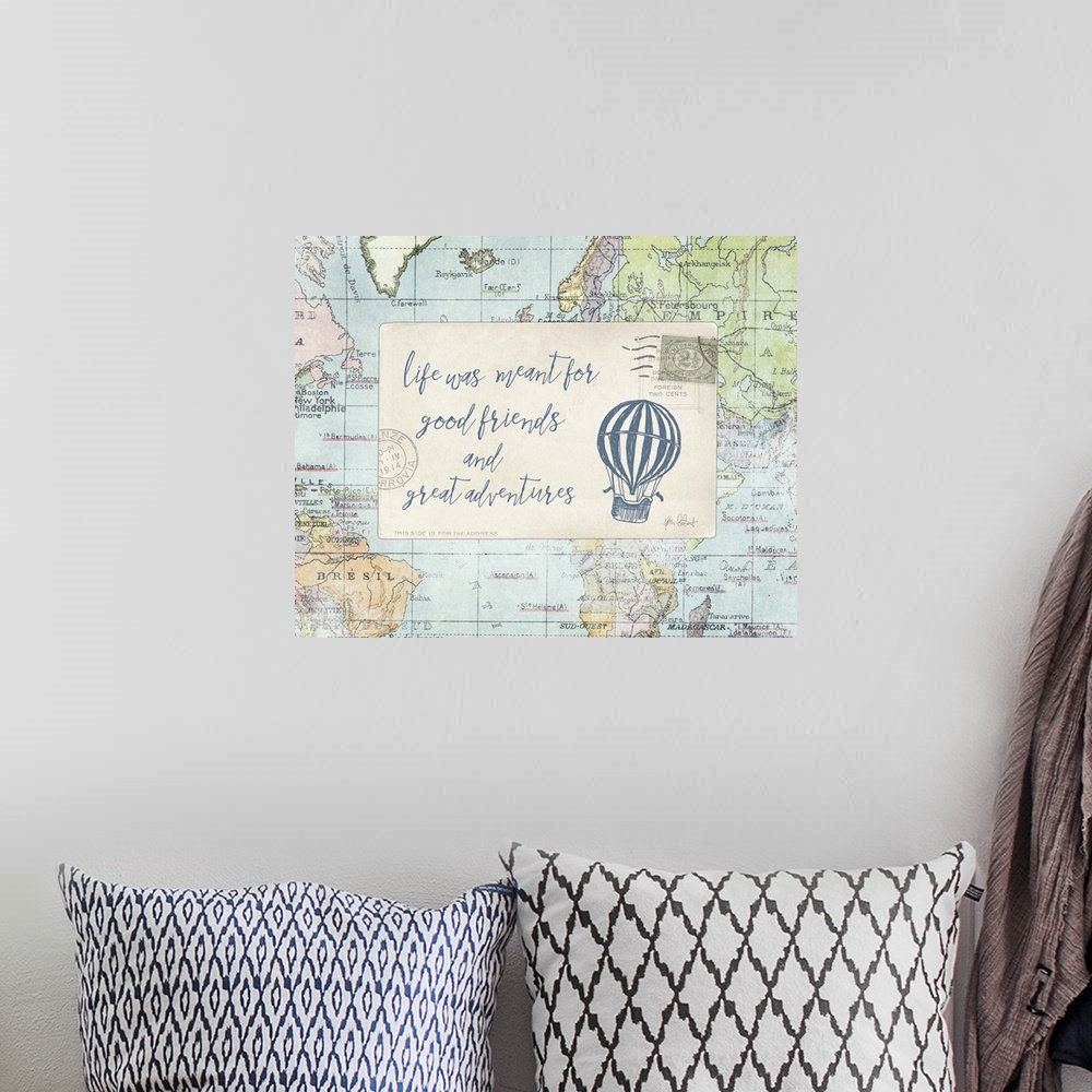 A bohemian room featuring "Life Was Meant for Good Friends and Great Adventures" with a hot air balloon drawn in blue on a ...