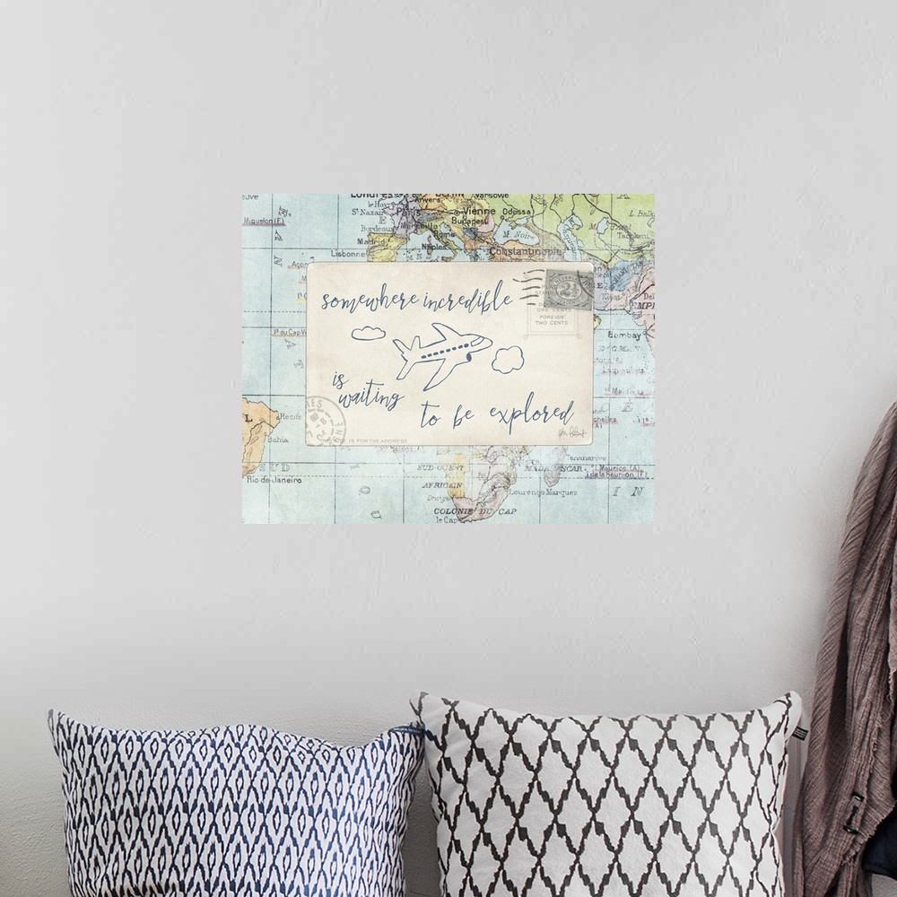 A bohemian room featuring "Somewhere Incredible is Waiting to be Explored" with an airplane drawn in blue on a postcard on ...