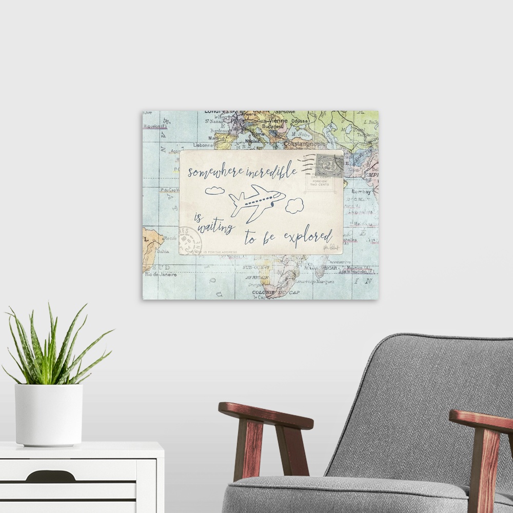 A modern room featuring "Somewhere Incredible is Waiting to be Explored" with an airplane drawn in blue on a postcard on ...