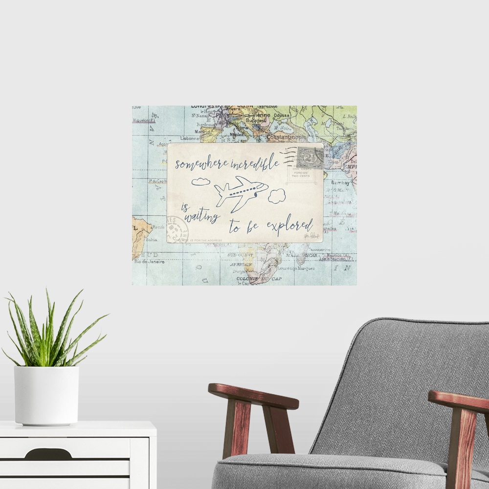 A modern room featuring "Somewhere Incredible is Waiting to be Explored" with an airplane drawn in blue on a postcard on ...