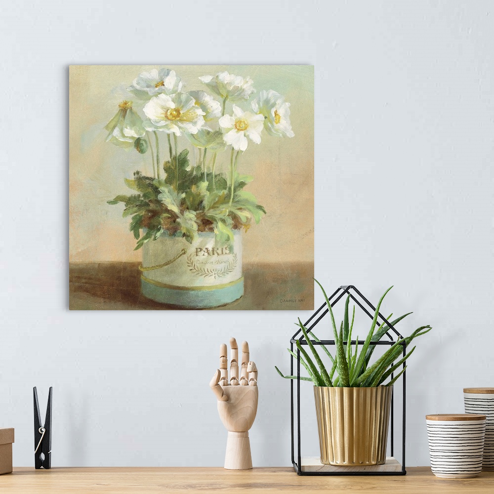A bohemian room featuring Contemporary painting of a bouquet of flowers in a planter, sitting on a table.