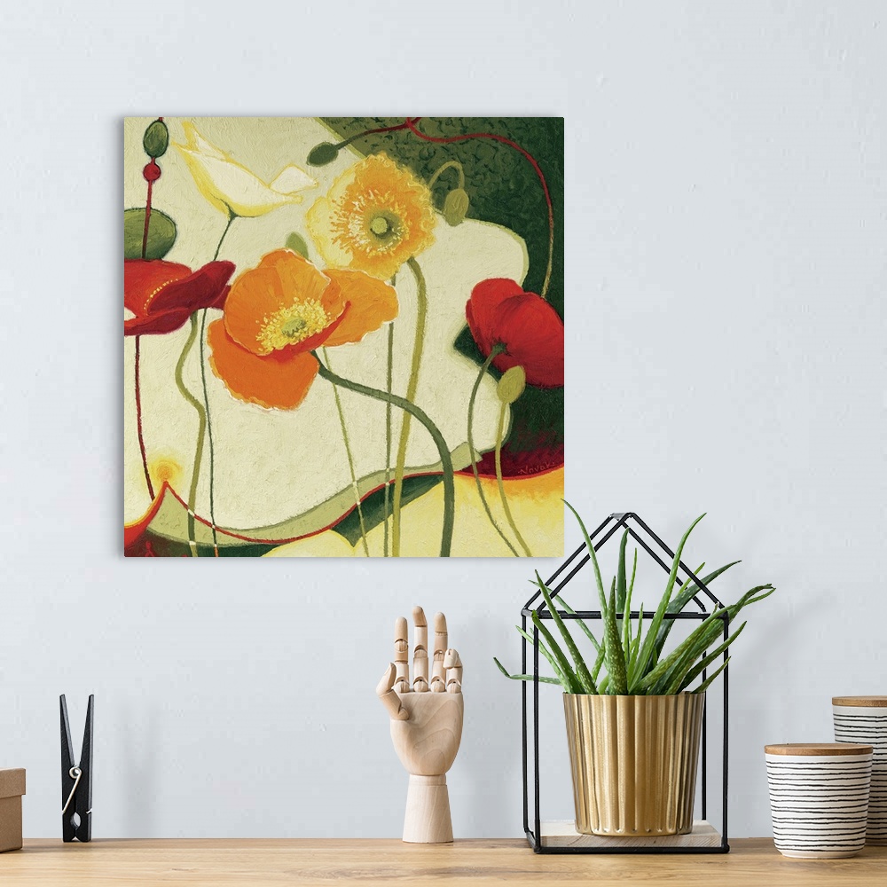 A bohemian room featuring Big contemporary art portrays a group of colorful poppy flowers sitting against a background that...