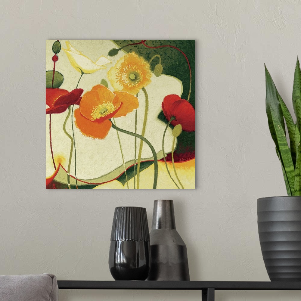 A modern room featuring Big contemporary art portrays a group of colorful poppy flowers sitting against a background that...