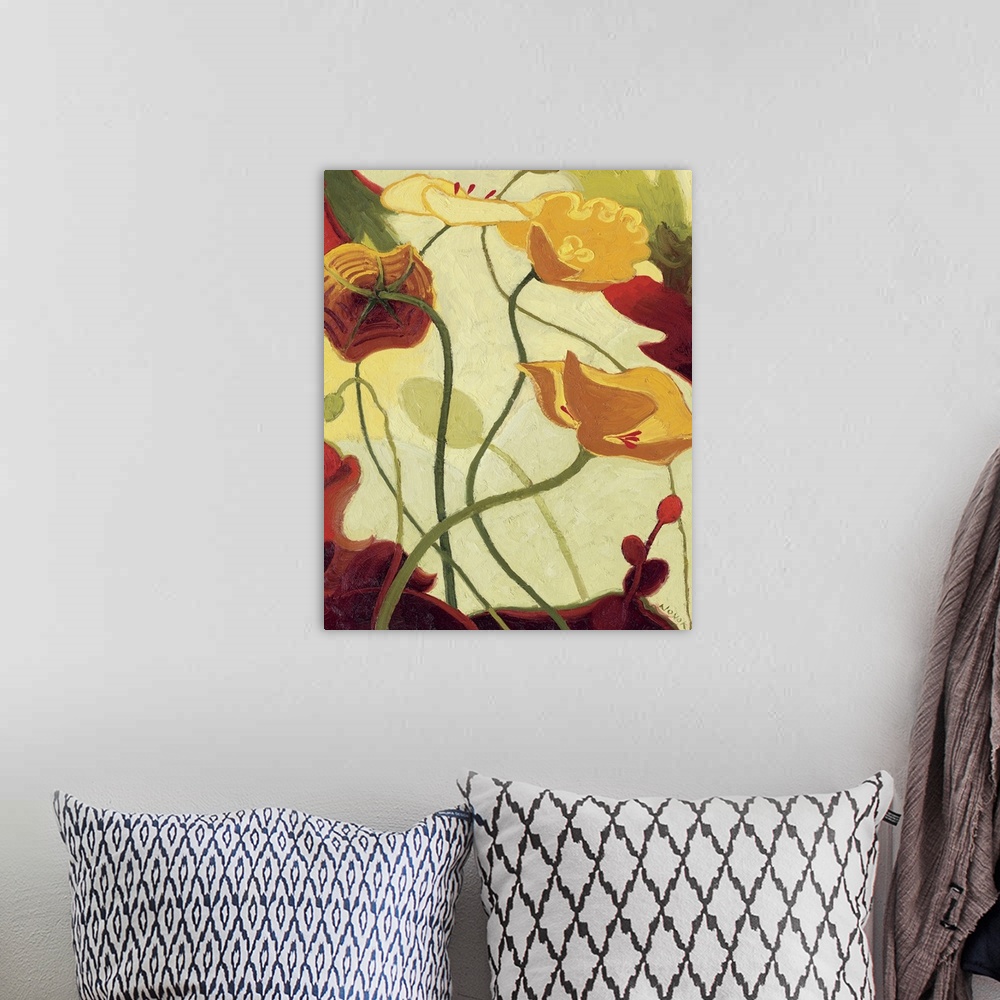A bohemian room featuring This vertical, contemporary art work is a simplified painting of poppy flowers where their stems ...