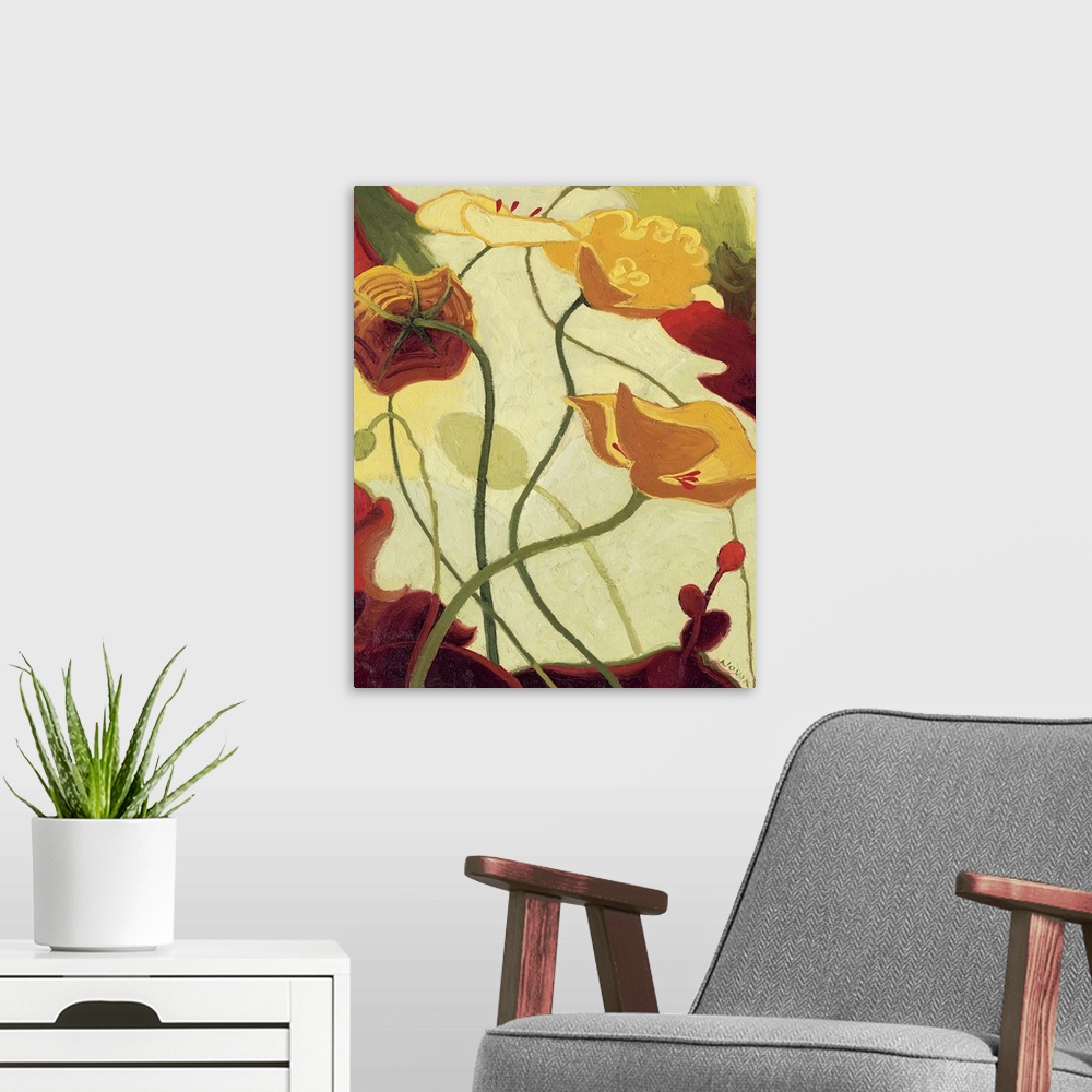 A modern room featuring This vertical, contemporary art work is a simplified painting of poppy flowers where their stems ...