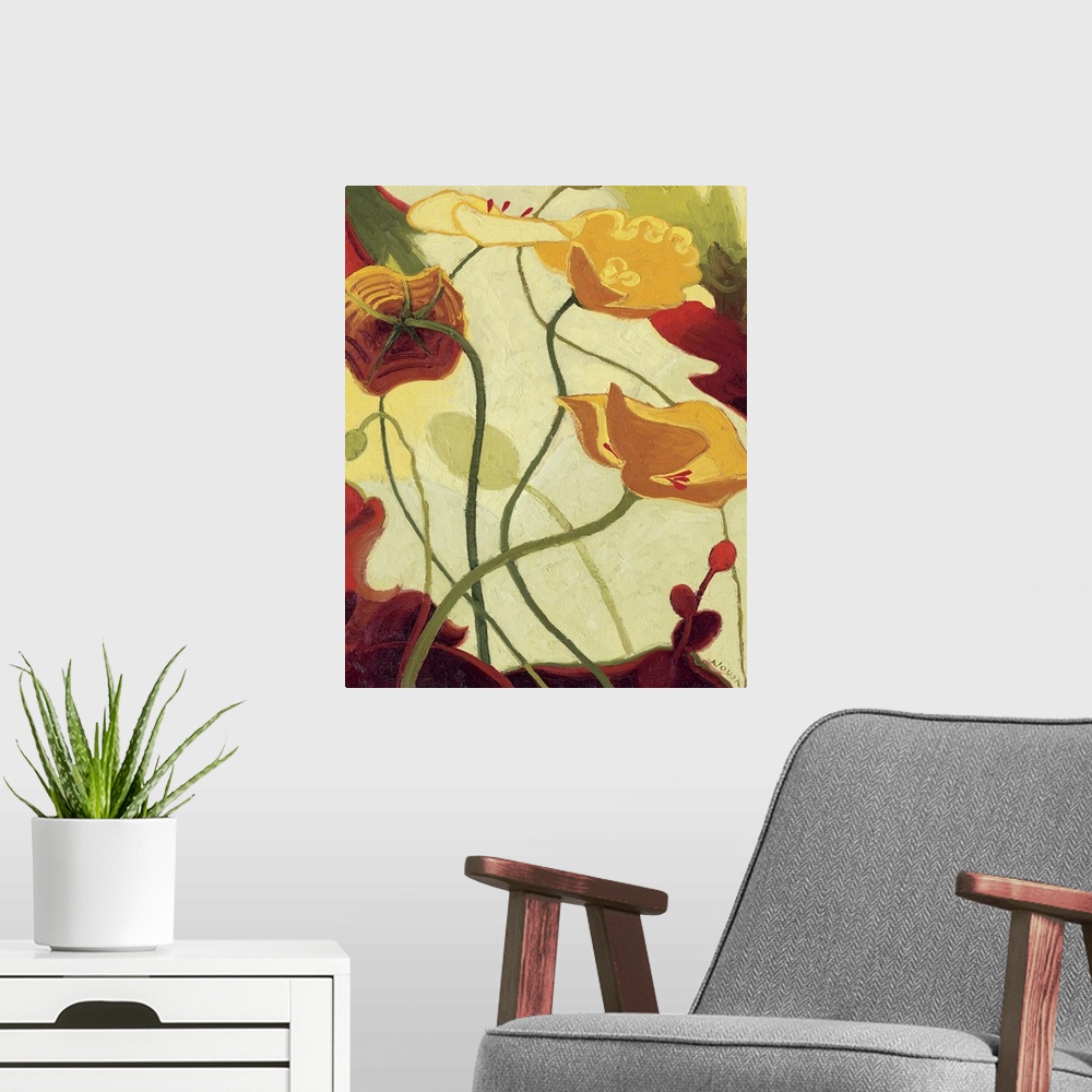A modern room featuring This vertical, contemporary art work is a simplified painting of poppy flowers where their stems ...