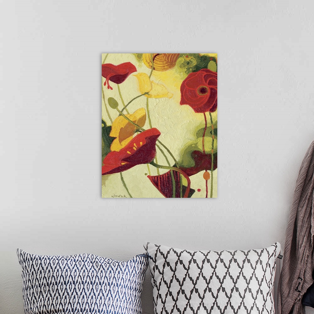 A bohemian room featuring Contemporary painting of tall flowers varying in size, shape, and color.