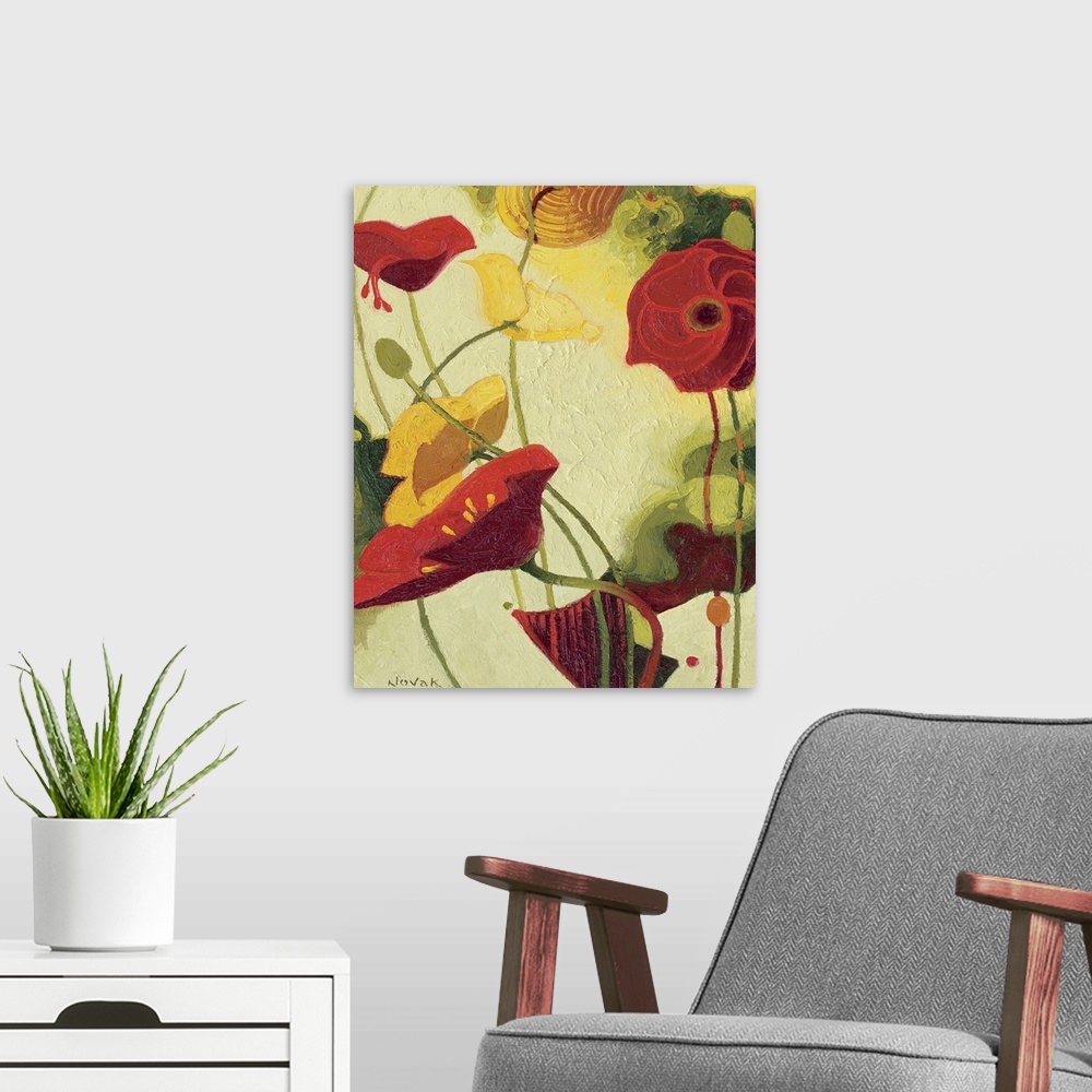 A modern room featuring Contemporary painting of tall flowers varying in size, shape, and color.