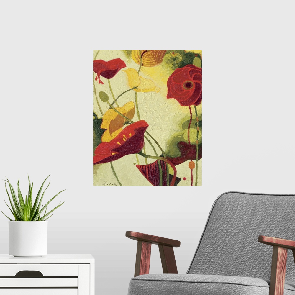 A modern room featuring Contemporary painting of tall flowers varying in size, shape, and color.