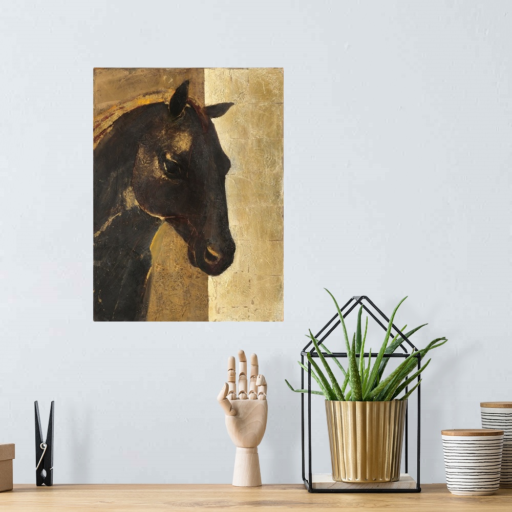 A bohemian room featuring A contemporary painting of a horse portrait in gold and black.