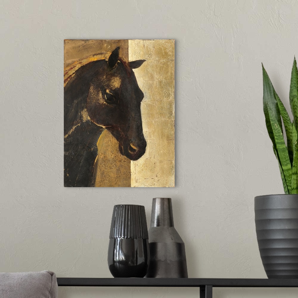 A modern room featuring A contemporary painting of a horse portrait in gold and black.