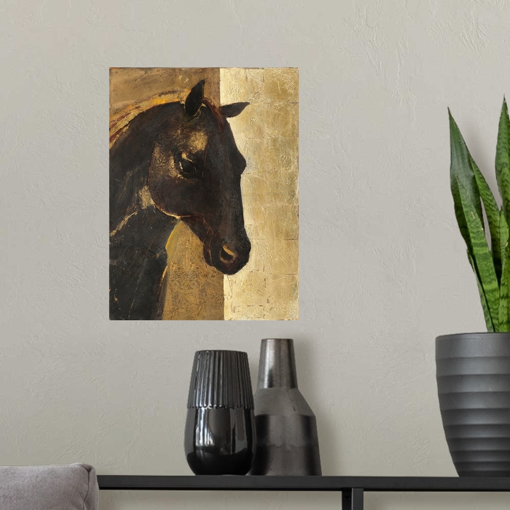 A modern room featuring A contemporary painting of a horse portrait in gold and black.