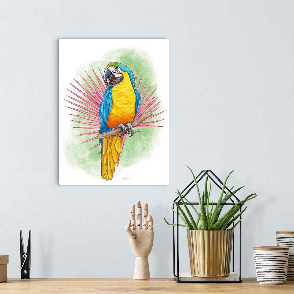 A bohemian room featuring Vertical illustration of a colorful macaw parrot perched on a branch with a green background.