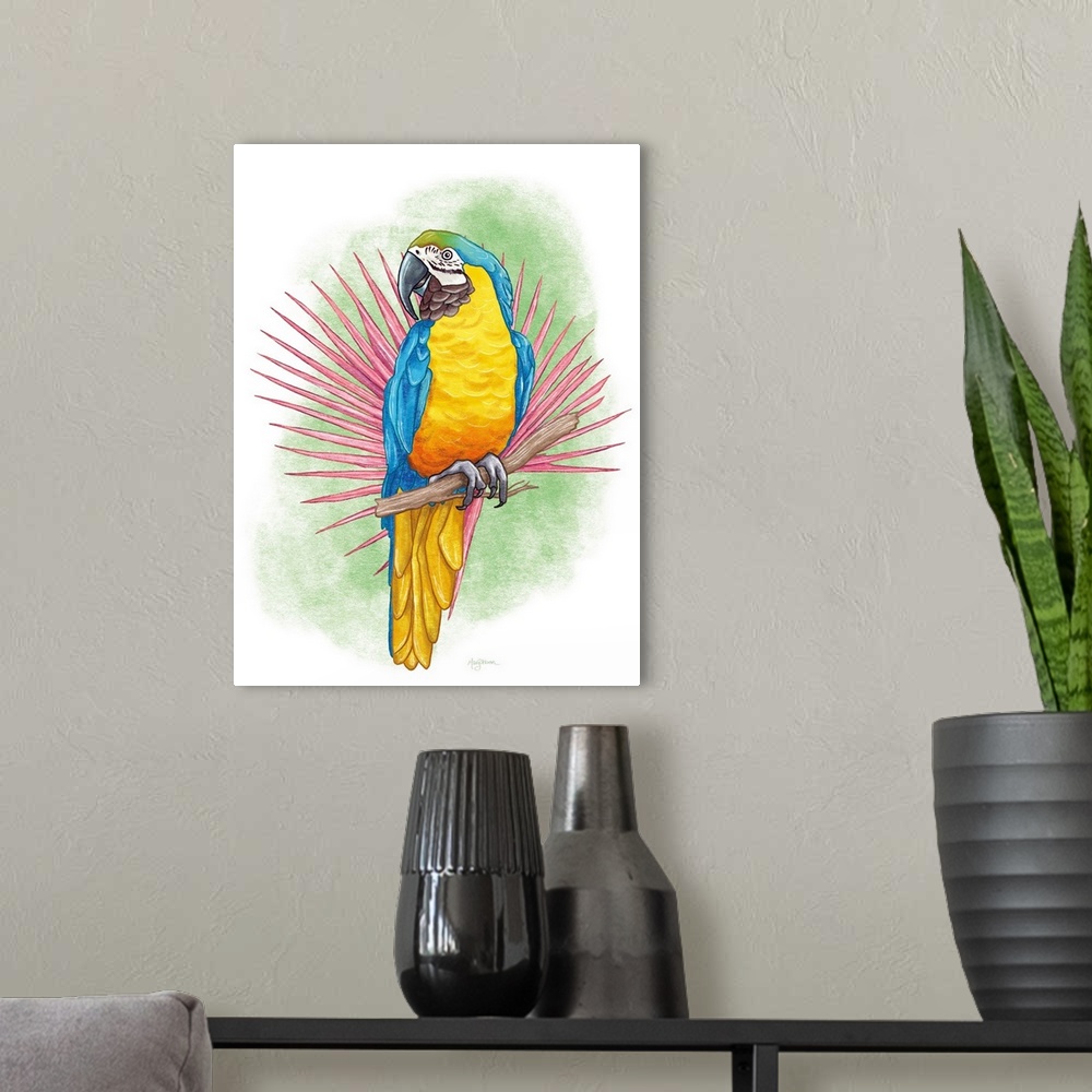 A modern room featuring Vertical illustration of a colorful macaw parrot perched on a branch with a green background.