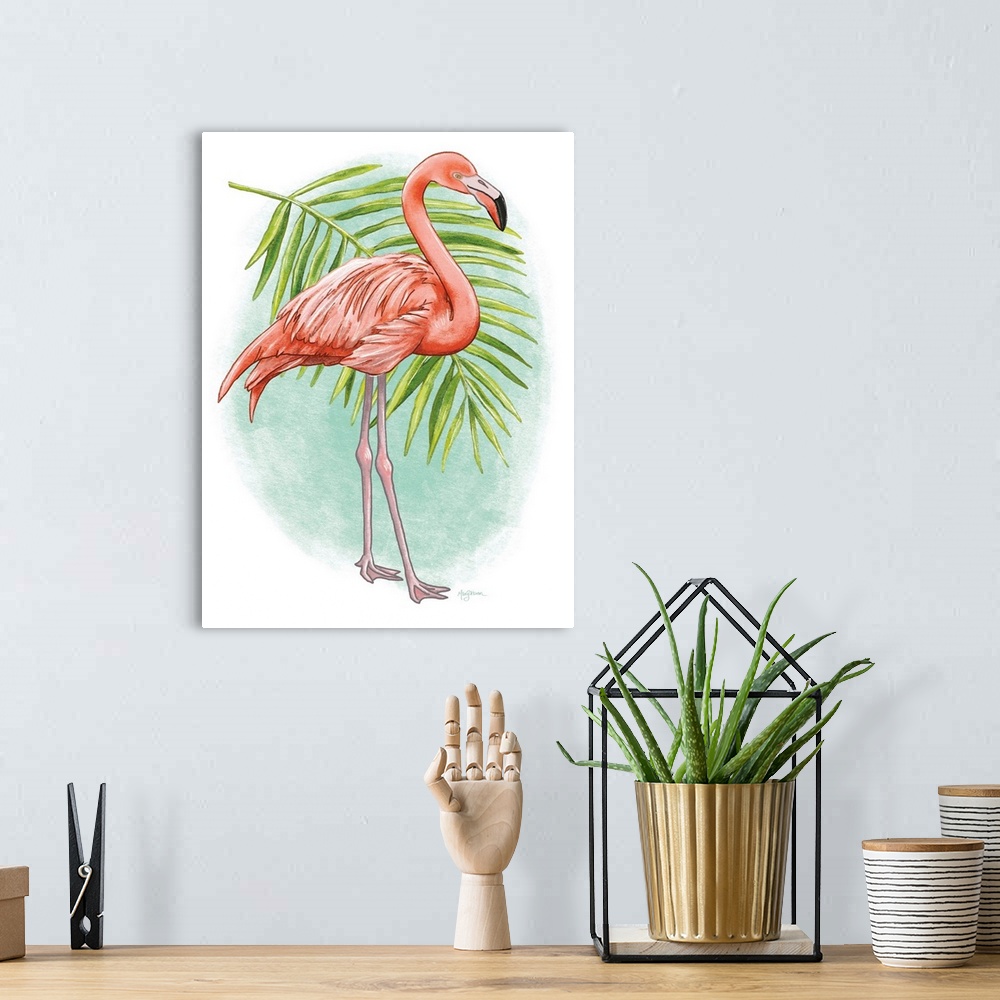 A bohemian room featuring Vertical illustration of a flamingo with a palm branch and a green background.