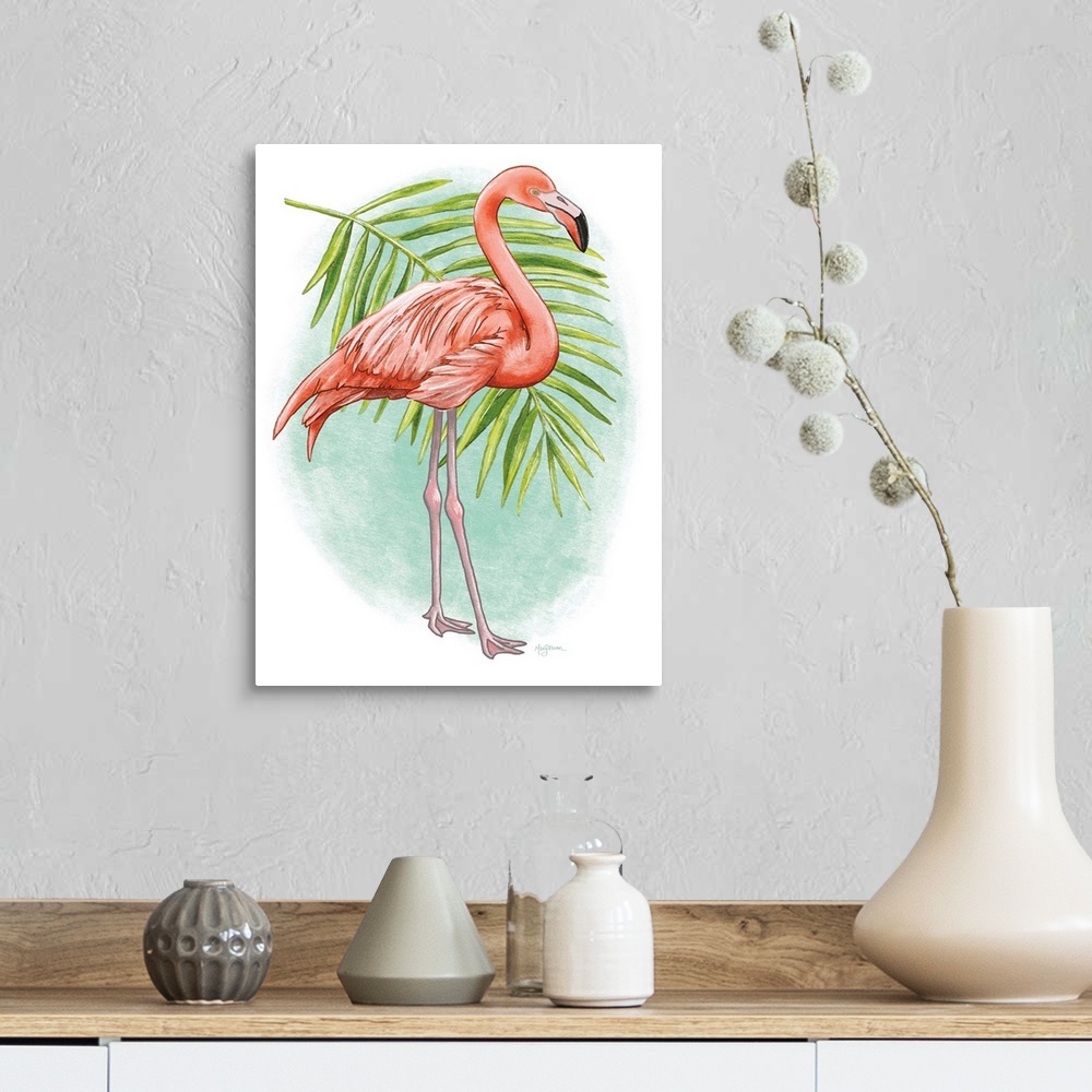 A farmhouse room featuring Vertical illustration of a flamingo with a palm branch and a green background.
