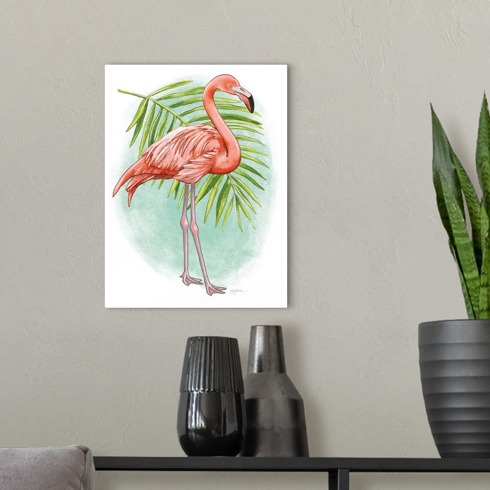 A modern room featuring Vertical illustration of a flamingo with a palm branch and a green background.